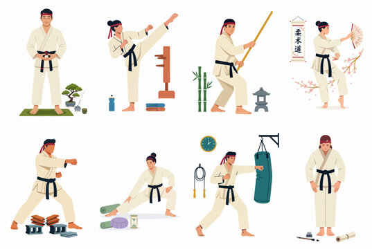 Collection of martial arts practitioners in various poses, featuring traditional uniforms, equipment, and cultural elements like bonsai and weapons on white background.
