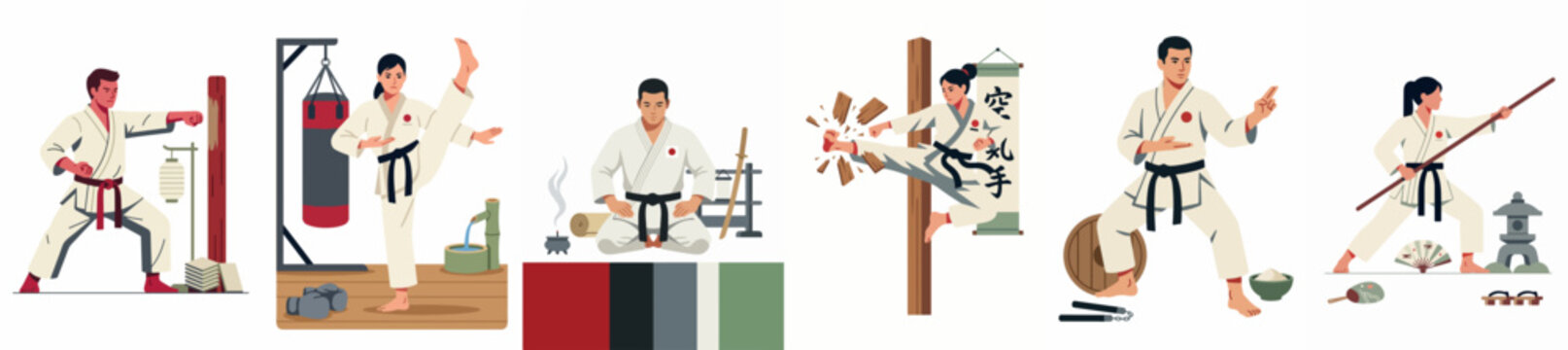 Collection of Martial Arts Illustrations Featuring Male and Female Practitioners in Various Karate Poses, Training, and Meditation Scenes