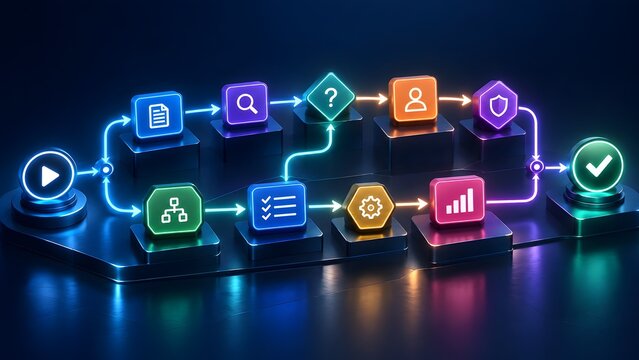 3D glowing neon flowchart diagram on a dark futuristic platform illustrating automated business process workflow and software algorithm decision logic steps.