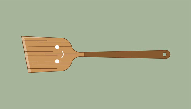 Whimsical cartoon illustration of a wooden kitchen spatula with a cheerful happy face, perfect for cooking, baking, and food-related themes.
