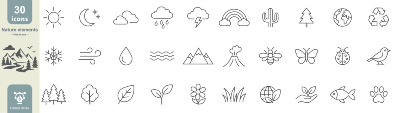 Nature elements line icon set with sun, moon, clouds, rain, mountains, plants, animals, recycling and weather symbols editable stroke