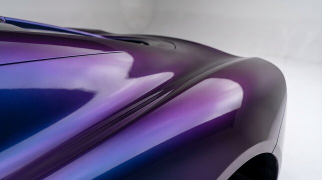 Close Up View of Iridescent Purple Automotive Bodywork Featuring Elegant Aerodynamic Curves