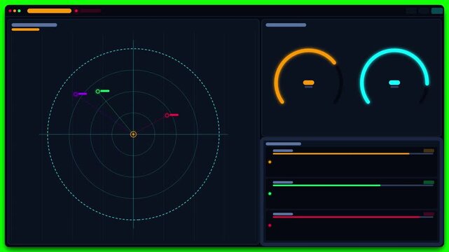 Futuristic radar interface with scanning digital dashboard display