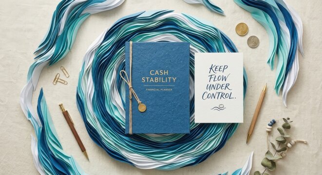 Blue Journal for Cash Stability with Flow Control Message Surrounded by Paper Waves