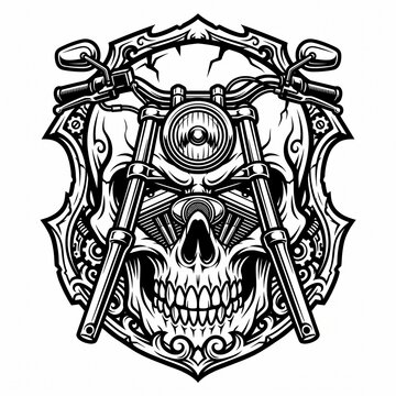 Vintage Motorcycle Skull Emblem With Handlebars, Headlight and Ornamental Shield Biker Tattoo Design
