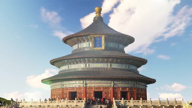 Temple of Heaven in Beijing, China, iconic triple-gabled circular hall with blue-tiled roof and ornate wooden doors under bright sky with tourists visiting
