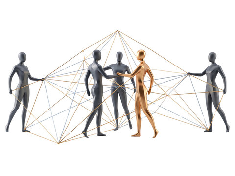 Abstract 3d network of connected human figures, Business teamwork concept with golden leader and geometric web lines, Social media connection illustration for modern corporate lifestyle