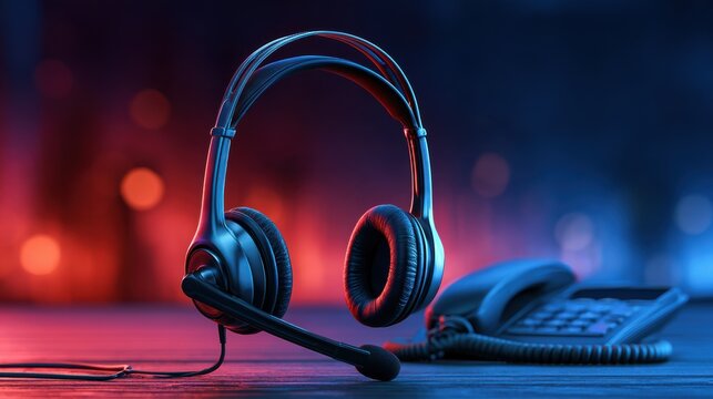 A sleek black headset with a microphone stands upright on a desk next to a corded telephone under vibrant red and blue lighting.