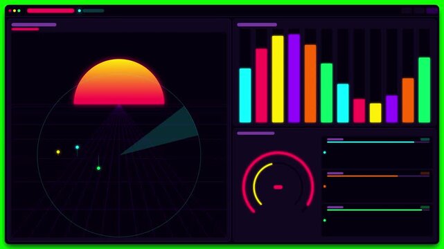 Futuristic digital data dashboard with colorful charts and radar