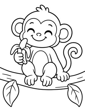 Cute monkey enjoying a delicious banana while sitting on a tree branch, a delightful illustration for children