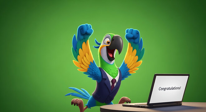 Excited parrot wearing a suit working on a laptop computer