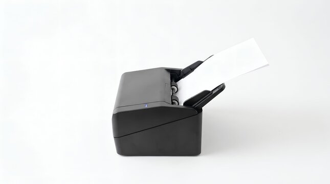 Black document scanner feeding a blank sheet of white paper on a clean white background