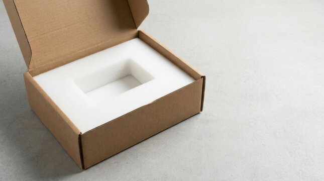 Open cardboard shipping box with white protective foam insert for product packaging