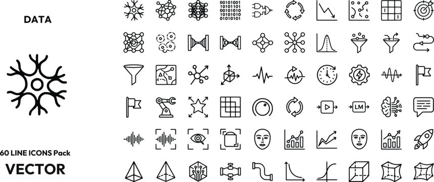 Neural node network icons vector set with data symbols