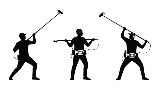 Silhouettes of three professional sound recordists operating boom microphones and field recording equipment.