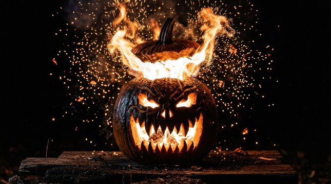 Scary Jack o lantern burning with bright flames and flying sparks in the dark for Halloween night