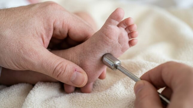 Pediatrician checking newborn baby foot reflexes with a medical reflex hammer in a hospital