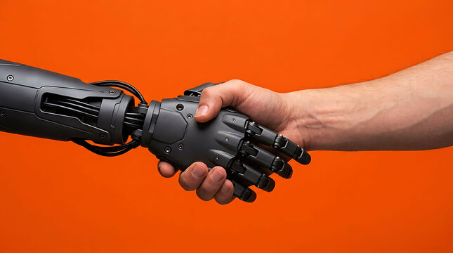 A robotic arm and a human hand shaking hands representing future tech partnership