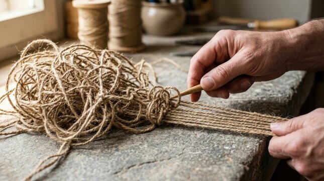 Craftsman hands working with natural jute twine to create handmade cordage in a rustic workshop