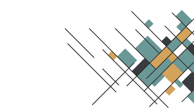 Abstract geometric design with colorful overlapping squares and diagonal black lines on a clean white background.