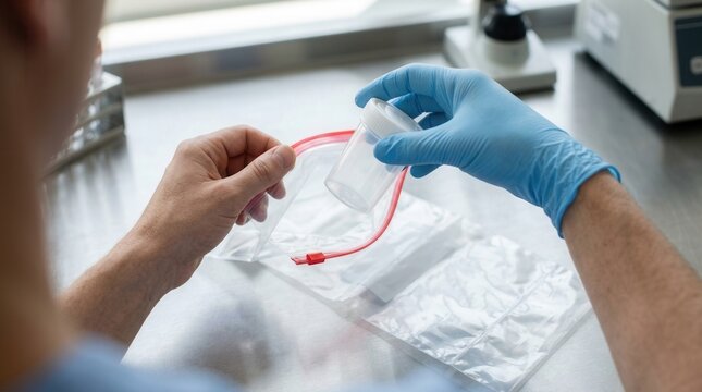 Scientist in blue gloves handles specimen cup and plastic bag in a laboratory setting