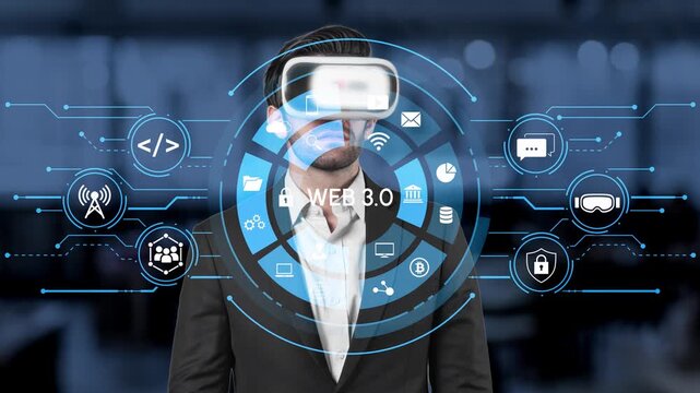 Businessman Wearing Virtual Reality Headset Surrounded by Web 3.0 Icons and Digital Connectivity Concept in Modern Office Environment. Entropy.