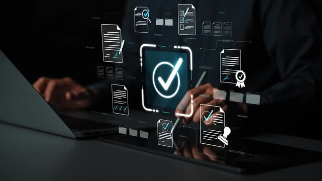 Business professional reviewing digital documents with check marks, certifications, and electronic files in a futuristic office setting Sigmoid
