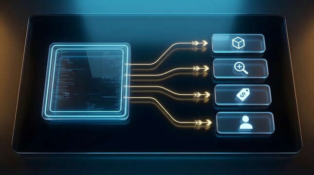 Futuristic digital interface showing data processing and API integration on a virtual tablet screen