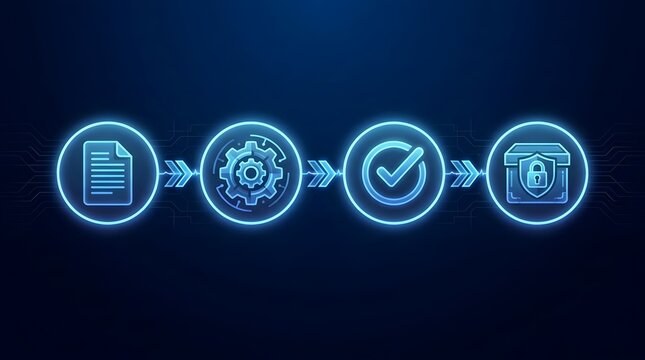 Digital Workflow Process Icons Representing Data Security and Automation