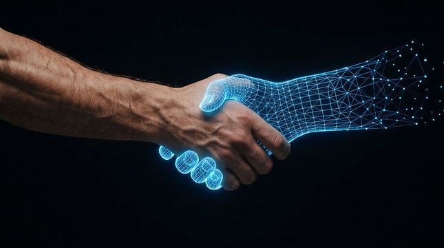 Human hand shaking a glowing digital AI robotic wireframe hand concept