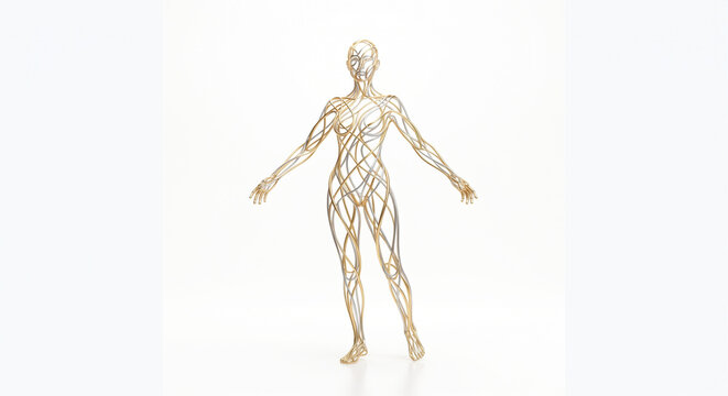 Golden translucent wireframe female figure anatomy model on white background. Abstract 3D digital illustration of human body structure and network