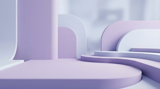 Abstract 3d composition with pastel purple geometric shapes and curved platforms for product display