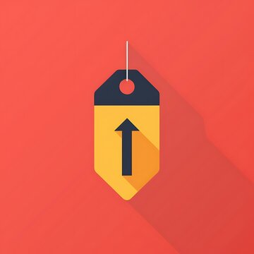 A simple flat design tag with an arrow pointing upwards, set against a red background.