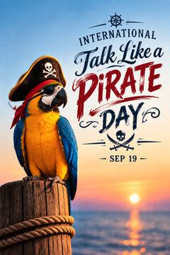 Vibrant macaw parrot wearing a detailed pirate hat perched on a wooden post against a beautiful colorful ocean sunset background