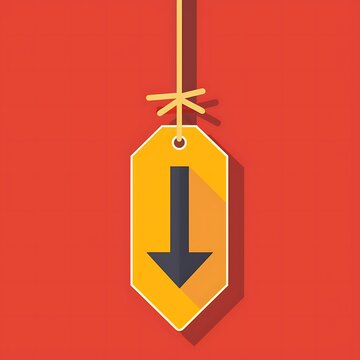 Hanging tag with arrow pointing down, symbolizing download or direction, set against a red background.