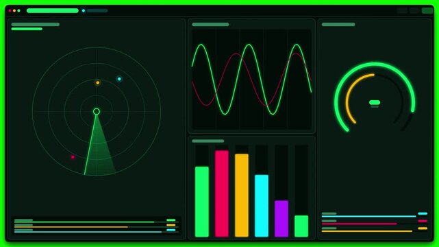 Futuristic digital dashboard displaying technical data and radar