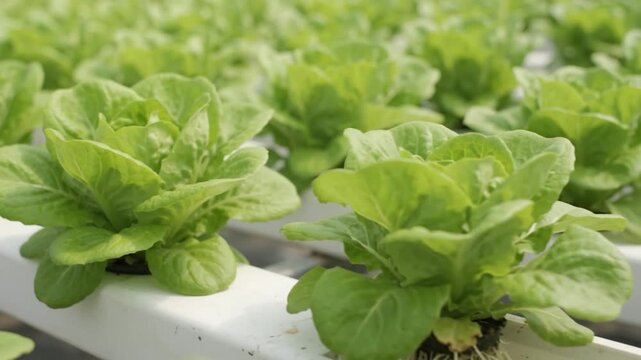 Lettuce growing with visible roots in recirculating nutrient water, realistic sustainable agriculture & food technology with precision monitoring, efficient resource management