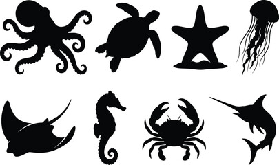 Obraz premium Sea Creatures Silhouette Set Octopus Turtle Crab Seahorse Jellyfish Vector Icons