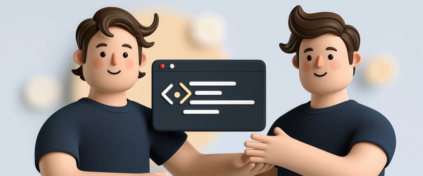 Programmers in dark t-shirts hold a digital coding window in this 3D cartoon style illustration.