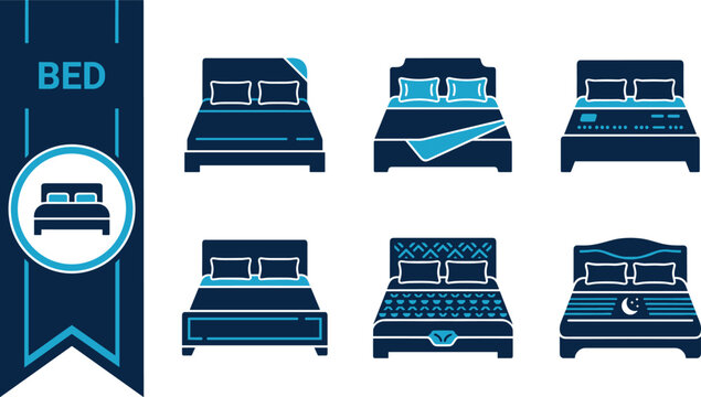 Bed furniture icon set featuring single bed double bed hotel bed bedroom sleep rest mattress home interior and hospitality room symbols for websites mobile apps ui kits infographics landing pages