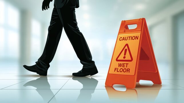 A person walks past a bright orange "Caution Wet Floor" sign on a shiny tiled floor in a brightly lit indoor space.