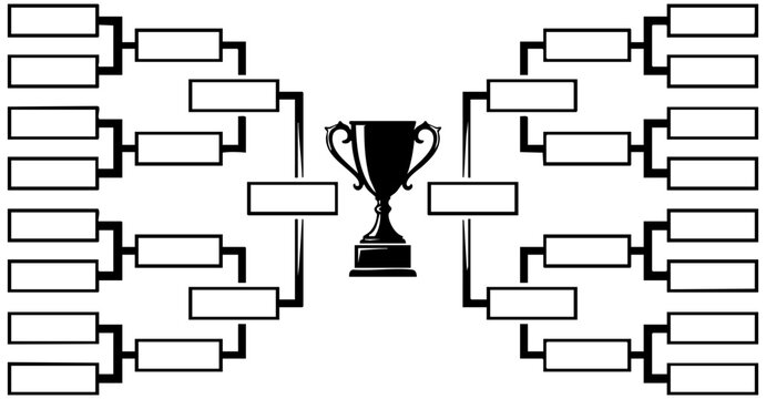 Black and white vector bracket chart template featuring a central trophy for sports tournament planning designs