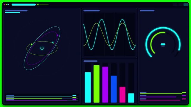 Futuristic digital dashboard with neon data charts and analytics