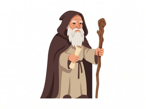 Elderly Monk in Dark Hooded Cloak and Beige Robe Character Vector Illustration , vector isolated on white