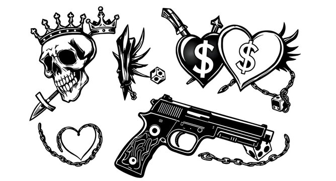 Black and White Gangster Tattoo Flash Sheet - Skull, Gun, Heart and Money