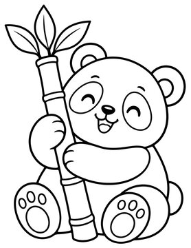 Cute Panda Hugging Bamboo Vector Coloring Page Outline Cartoon Character for Children