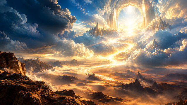 Paradise Concept with Divine Light and Magical Passage in the Sky Above Desert Landscape