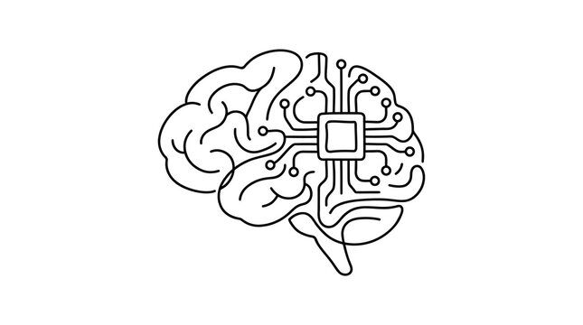Artificial intelligence human brain with computer microchip line art icon