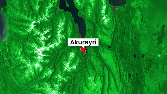 Animated map footage showing akureyri iceland from above