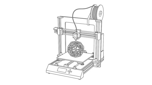 Minimalist line art illustration of a 3D printer printing a geodesic sphere